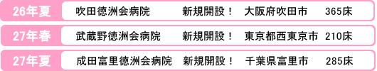 26年夏  吹田徳洲会病院　新規開設！大阪府吹田市365床、27年春 武蔵野徳洲会病院　新規開設！東京都西東京市　210床、27年夏 成田富里徳洲会病院 新規開設！千葉県富里市　285床